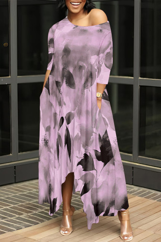 Fuchsia Casual Floral Print Pocket Irregular O Neck Irregular Dresses