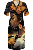 khaki Green Casual Print portrait Pocket Contrast V Neck Printed Plus Size Dresses