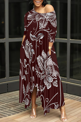 Dark Brown Casual Floral Print Pocket Irregular O Neck Irregular Dresses