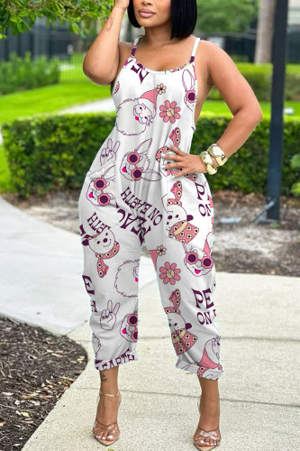 White Casual Cartoon Print Pocket Contrast U Neck Loose Jumpsuits