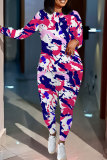 Purple Casual Geometric Print Gradient Contrast O Neck Long Sleeve Two Pieces