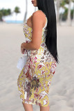 Yellow Sexy National Totem Flowers Print Contrast U Neck Printed Dresses