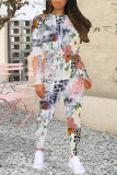 Black Purple Casual Floral Print Contrast O Neck Long Sleeve Two Pieces
