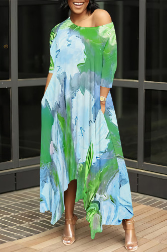 Green Casual Floral Print Pocket Irregular O Neck Irregular Dresses