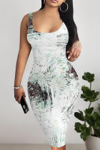 White Green Casual Geometric Print Floral Print Contrast U Neck Printed Dresses