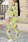 Black Purple Casual Floral Print Contrast O Neck Long Sleeve Two Pieces