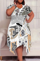 Gray White Casual Geometric Print Pocket Irregular Contrast O Neck Irregular Plus Size Dresses
