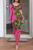 Ink Green Elegant Geometric Print Flowers Contrast O Neck One Step Skirt Dresses