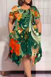 White Casual Geometric Print Pocket Irregular Contrast O Neck Irregular Plus Size Dresses