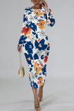 Yellow Brown Elegant Floral Print Tie Dye Contrast O Neck Printed Dresses