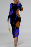 Yellow Brown Elegant Floral Print Tie Dye Contrast O Neck Printed Dresses