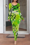 White Elegant Floral Print Contrast O Neck One Step Skirt Dresses