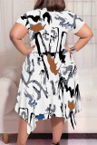 White Casual Geometric Print Pocket Irregular Contrast O Neck Irregular Plus Size Dresses