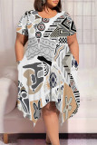 White Casual Geometric Print Pocket Irregular Contrast O Neck Irregular Plus Size Dresses