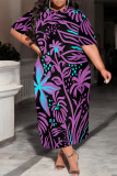 Purple Casual Geometric Print Pocket Contrast O Neck Printed Plus Size Dresses