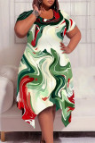 White Casual Geometric Print Pocket Irregular Contrast O Neck Irregular Plus Size Dresses