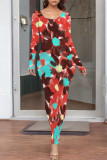 White Elegant Floral Print Contrast O Neck One Step Skirt Dresses