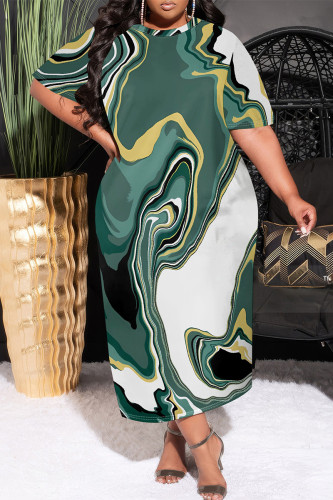 Green Casual Geometric Print Pocket Contrast O Neck Printed Plus Size Dresses