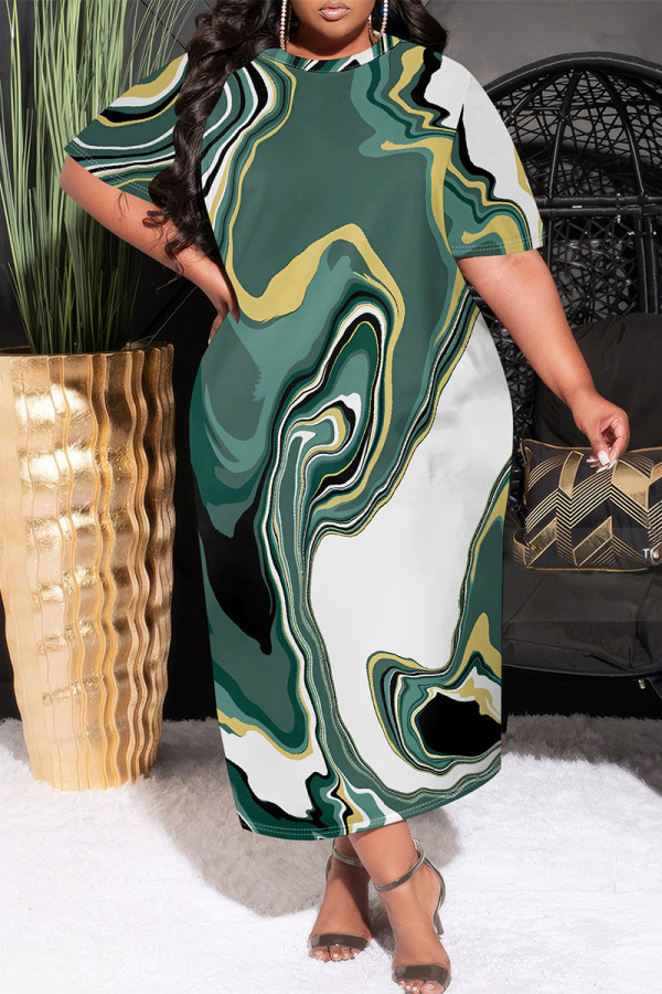 Green Casual Geometric Print Pocket Contrast O Neck Printed Plus Size Dresses