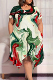 White Casual Geometric Print Pocket Irregular Contrast O Neck Irregular Plus Size Dresses