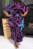 Purple Casual Geometric Print Pocket Contrast O Neck Printed Plus Size Dresses