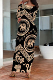 Black Casual Geometric Print Contrast O Neck One Step Skirt Dresses