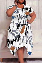 White Casual Geometric Print Pocket Irregular Contrast O Neck Irregular Plus Size Dresses