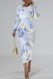 Baby Blue Casual Floral Print Contrast O Neck Printed Dresses