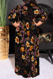 Black Casual Floral Print Lace Up Contrast O Neck Printed Plus Size Dresses
