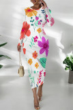 Baby Blue Casual Floral Print Contrast O Neck Printed Dresses