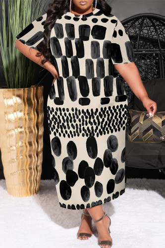Black khaki Casual Geometric Print Pocket Contrast O Neck Printed Plus Size Dresses