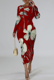 Baby Blue Casual Floral Print Contrast O Neck Printed Dresses