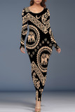 Black Casual Geometric Print Contrast O Neck One Step Skirt Dresses