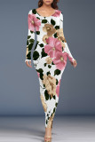 White Elegant Floral Print Contrast O Neck One Step Skirt Dresses