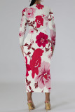 Yellow Brown Elegant Floral Print Tie Dye Contrast O Neck Printed Dresses