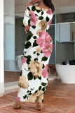 White Elegant Floral Print Contrast O Neck One Step Skirt Dresses
