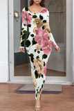 White Elegant Floral Print Contrast O Neck One Step Skirt Dresses