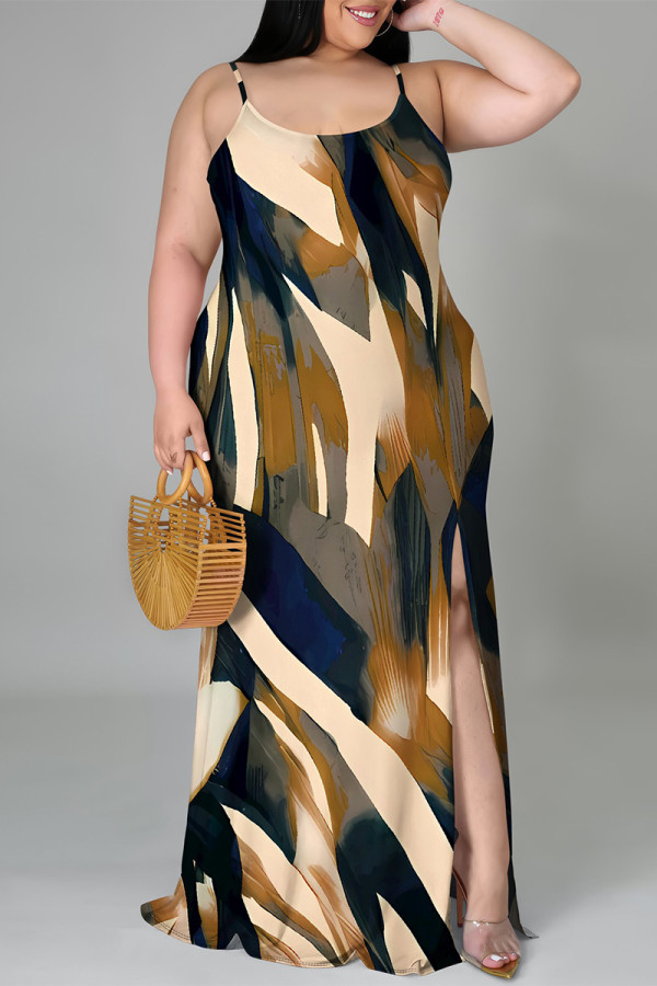 Multicolor Sexy Geometric Print Leopard Slit Contrast U Neck Sling Plus Size Dresses