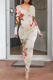 White Elegant Floral Print Contrast O Neck One Step Skirt Dresses