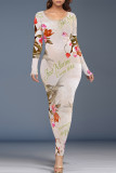 White Elegant Floral Print Contrast O Neck One Step Skirt Dresses