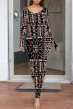 Black Casual Geometric Print Contrast O Neck One Step Skirt Dresses
