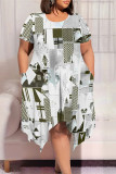 White Casual Geometric Print Pocket Irregular Contrast O Neck Irregular Plus Size Dresses