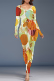 White Elegant Floral Print Contrast O Neck One Step Skirt Dresses