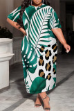 Purple Casual Geometric Print Pocket Contrast O Neck Printed Plus Size Dresses