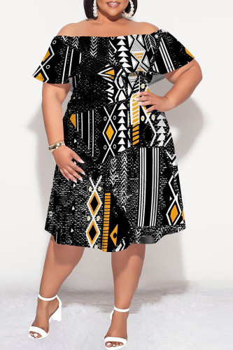 Black Sexy Floral Print Flounce Off Shoulder Printed Plus Size Dresses