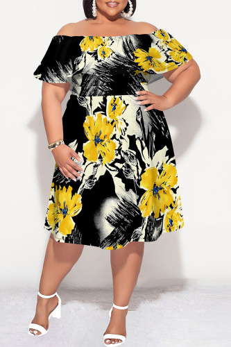 Black Yellow Sexy Floral Print Flounce Off Shoulder Printed Plus Size Dresses