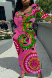 Ink Green Elegant Geometric Print Flowers Contrast O Neck One Step Skirt Dresses