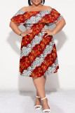 Tangerine Red Sexy Floral Print Flounce Off Shoulder Printed Plus Size Dresses