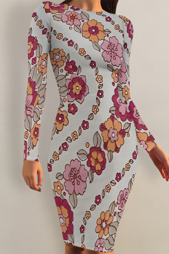 Grey Elegant Floral Print Butterfly Stripe Contrast O Neck Printed Dresses