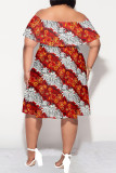 Tangerine Red Sexy Floral Print Flounce Off Shoulder Printed Plus Size Dresses